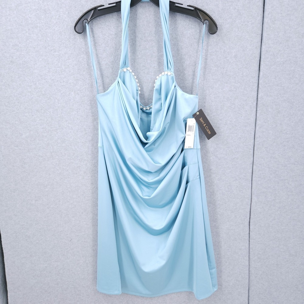 Seni & Cade Ruched Bodycon Halter Sleeveless Pale Blue Dress Juniors Size 1X NWT - Picture 2 of 7